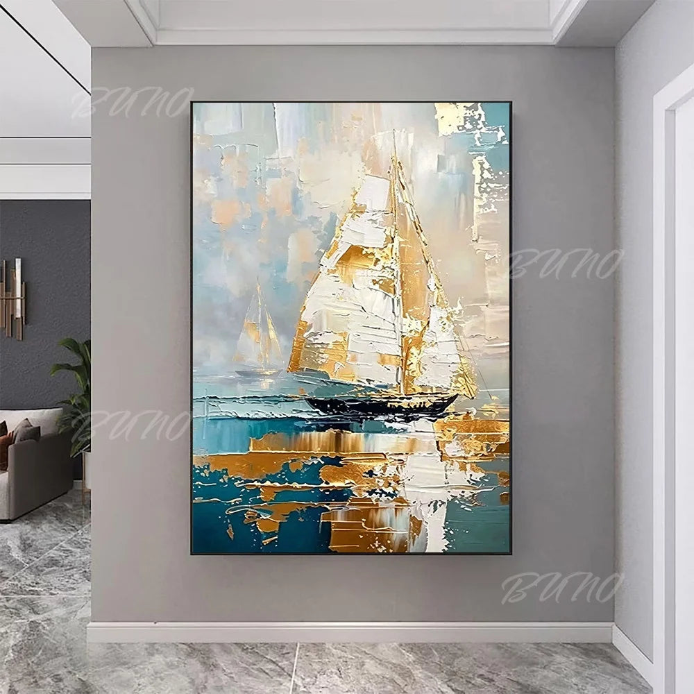 Gold Sailboat Ocean Painting