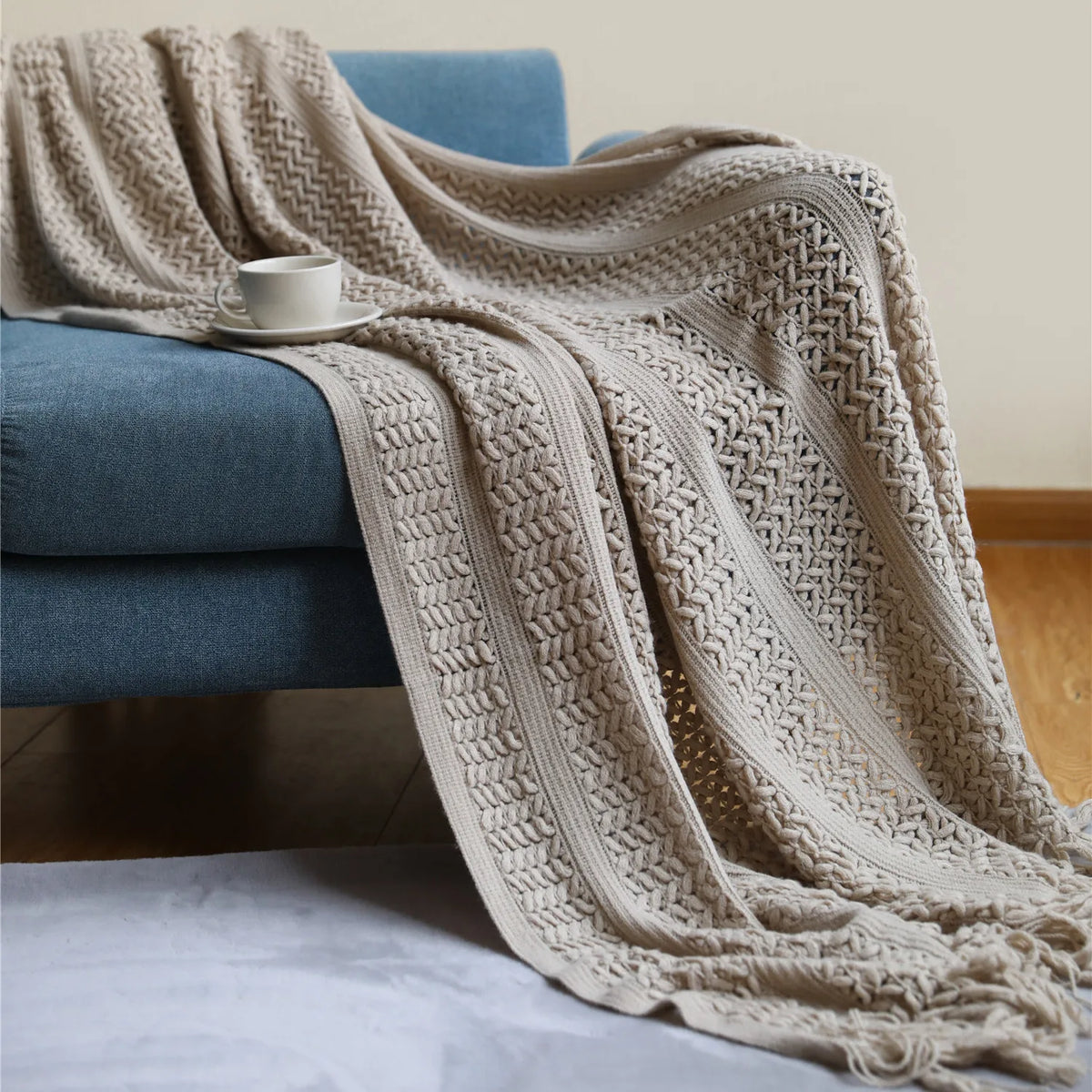 Pink Knitted Tassel Throw