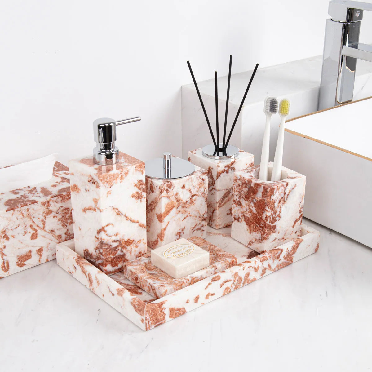 Coral Red Marble Bath Set