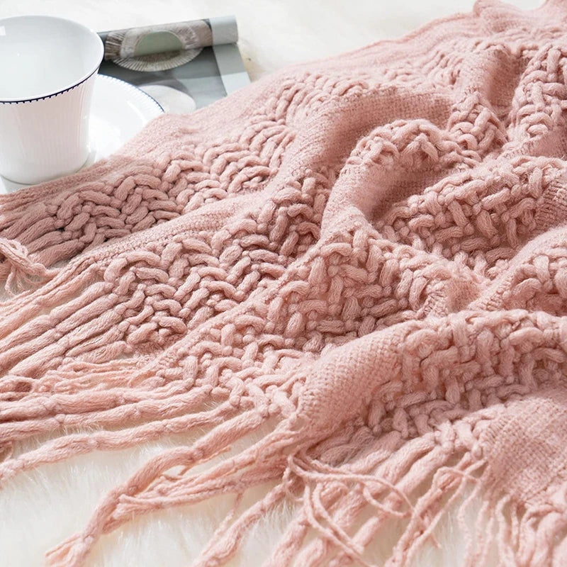 Pink Knitted Tassel Throw