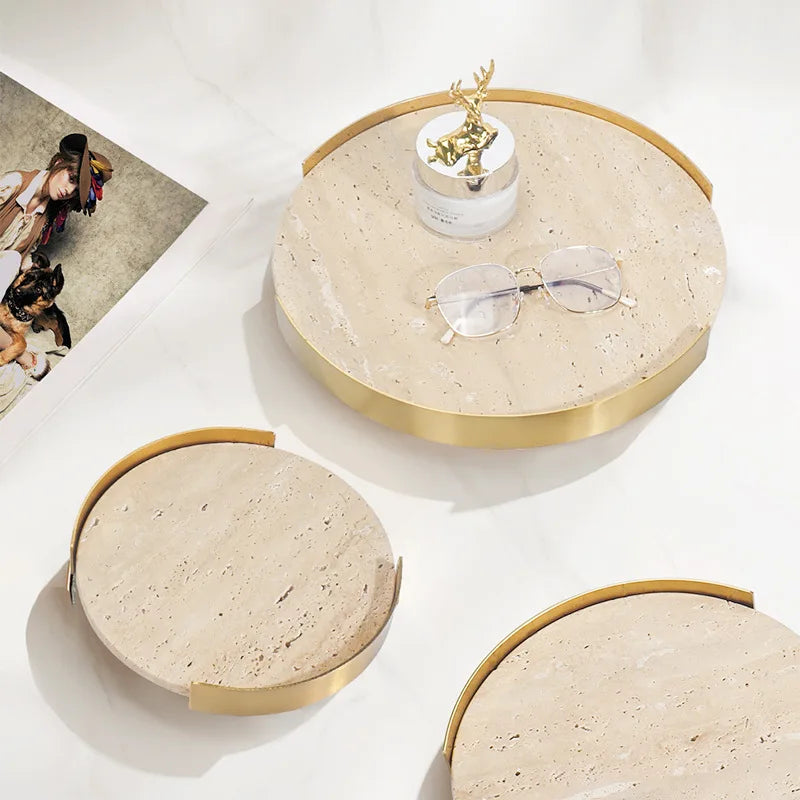 Round Beige Brown Travertine Plate