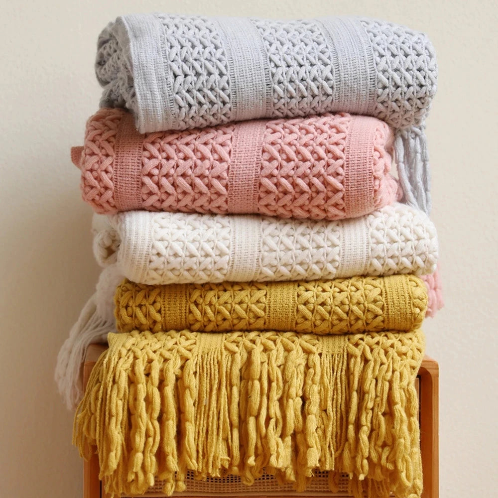 Pink Knitted Tassel Throw