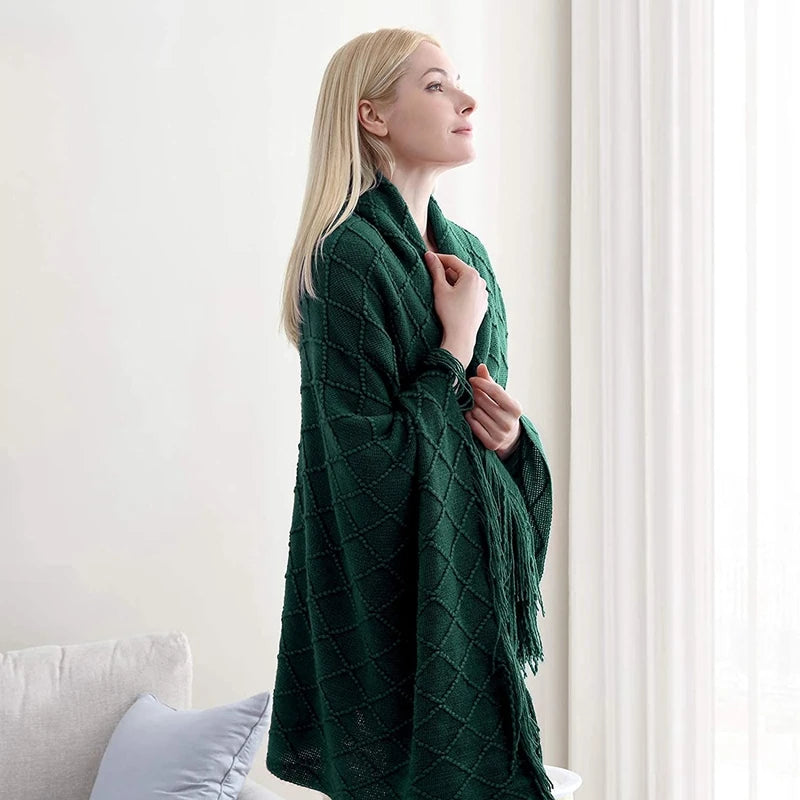 Green Knitted Tassel Throw