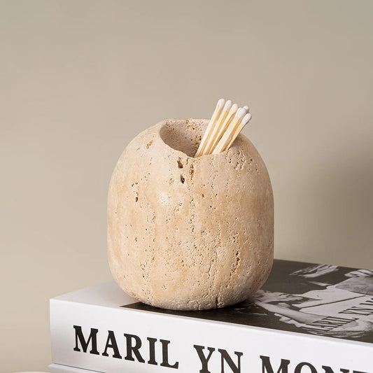 Beige Travertine Match Holder Vintage