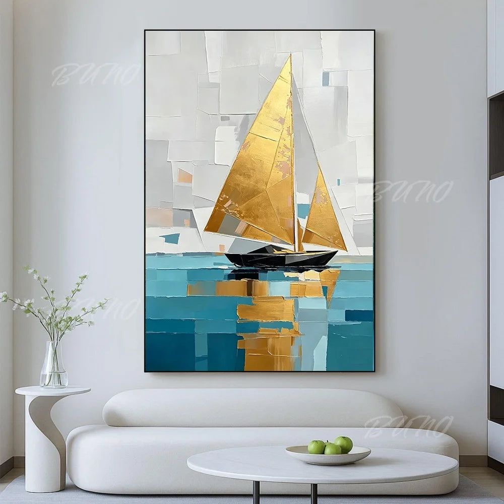Gold Sailboat Ocean Painting