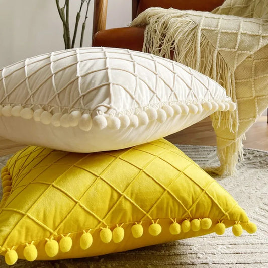 Cream Pompom Cushion Cover