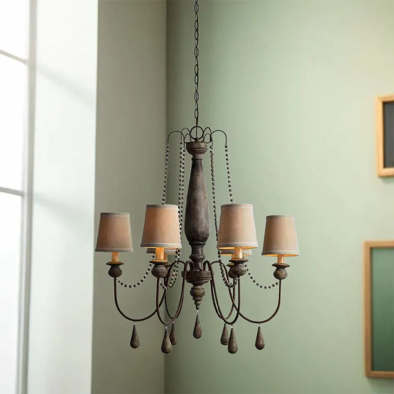 French Beaded Wood Chandelier