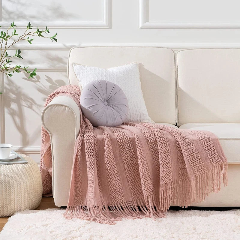 Pink Knitted Tassel Throw