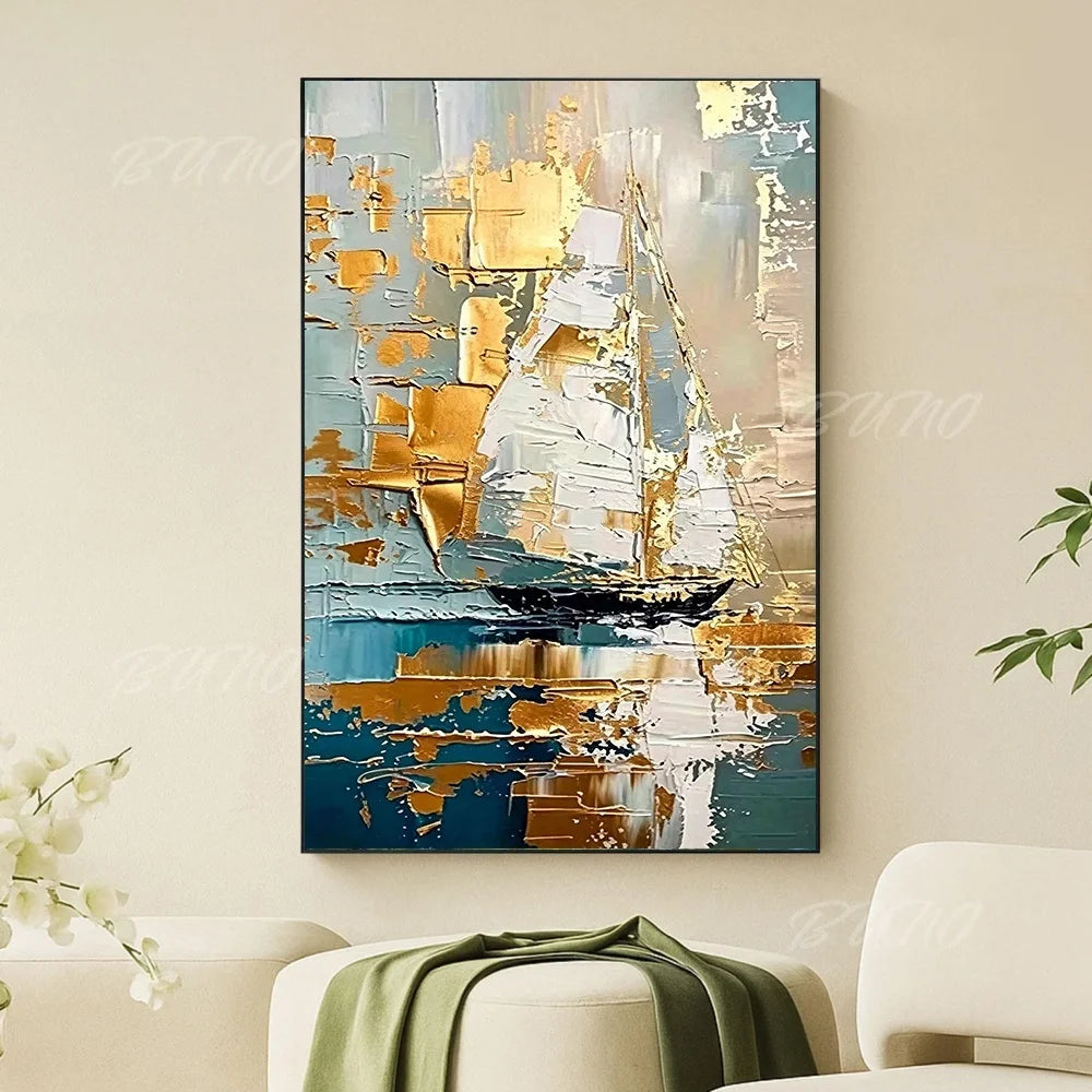 Gold Sailboat Ocean Painting