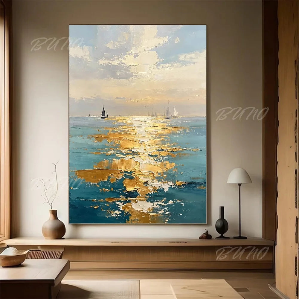 Gold Sailboat Ocean Painting