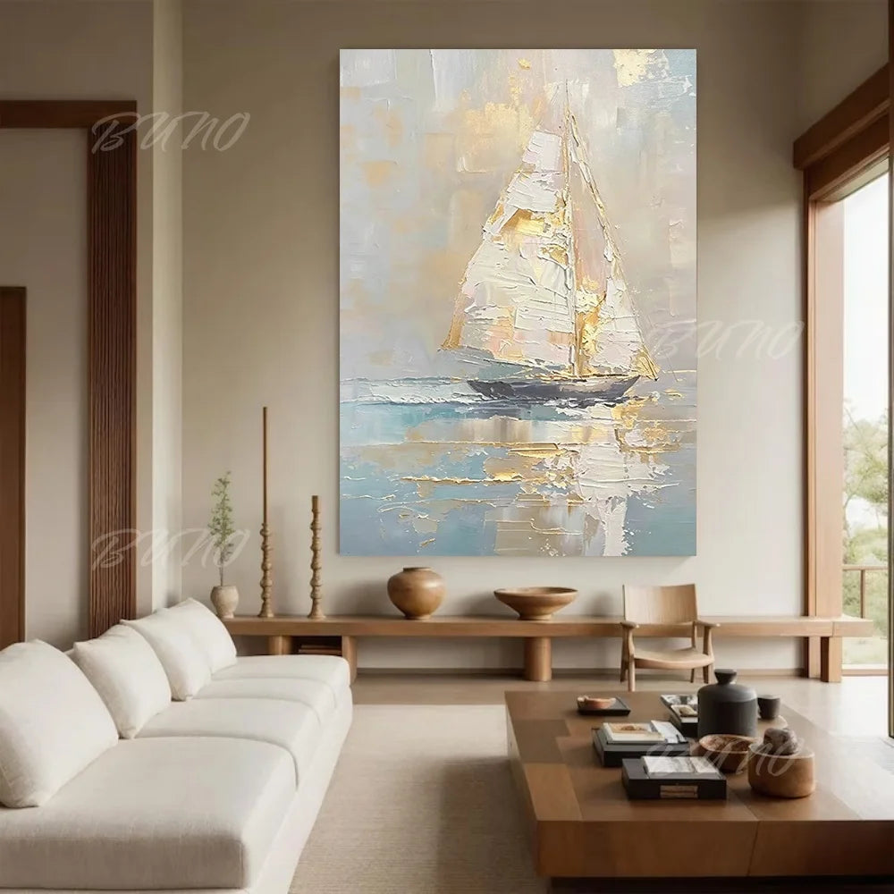 Gold Sailboat Ocean Painting