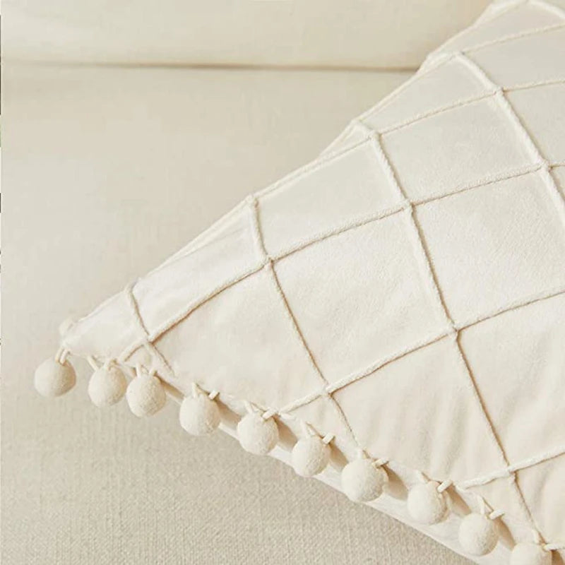 Cream Pompom Cushion Cover