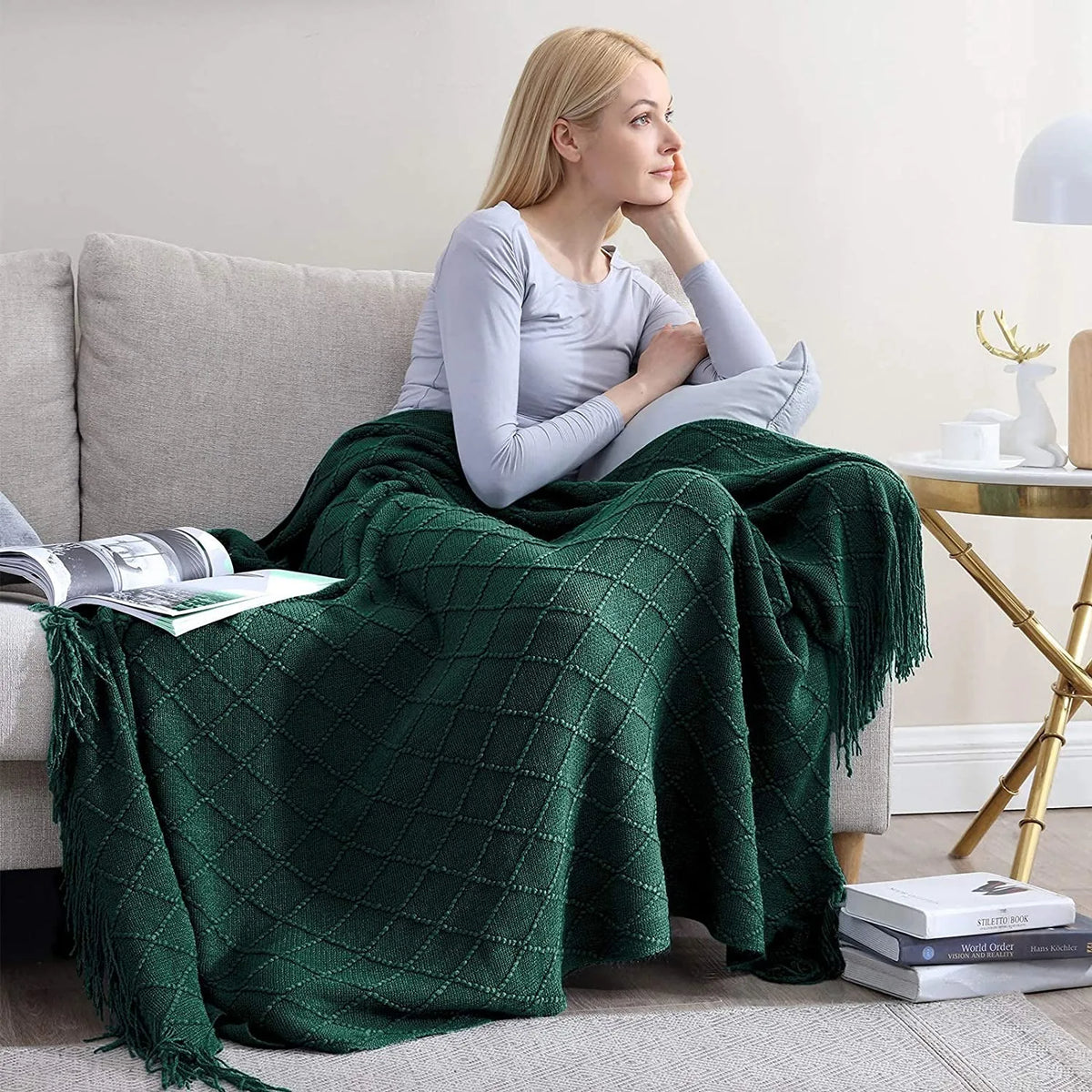 Green Knitted Tassel Throw