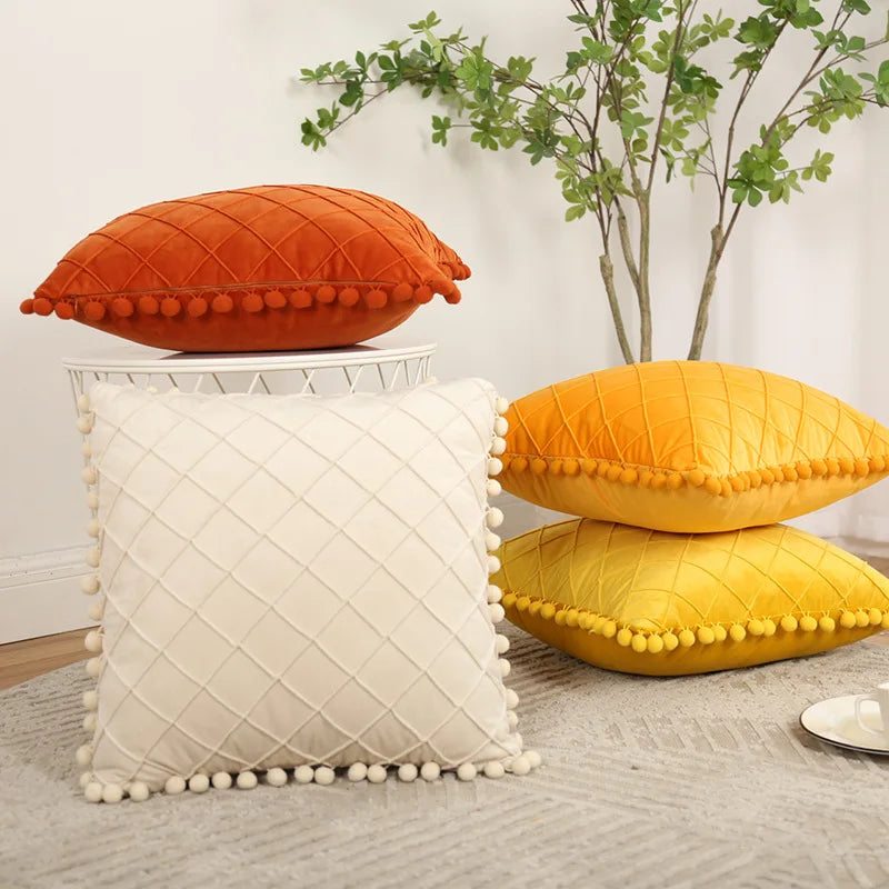 Cream Pompom Cushion Cover