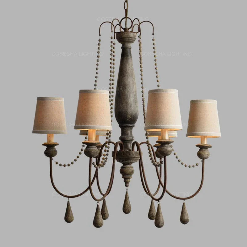 French Beaded Wood Chandelier