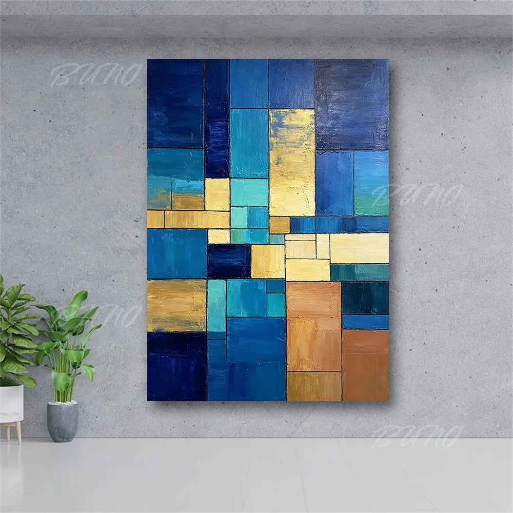 Geometric Blue Gold Painting