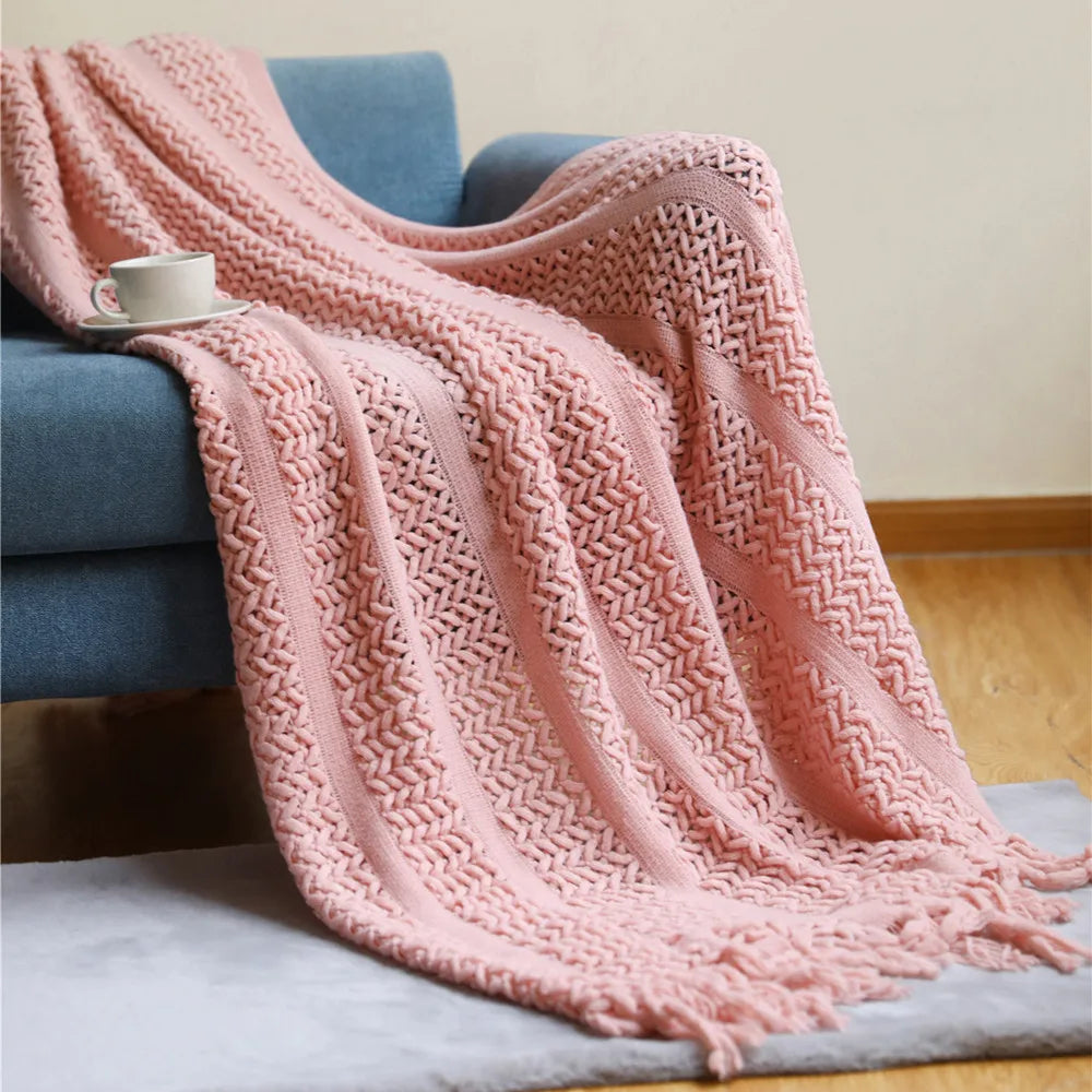 Pink Knitted Tassel Throw