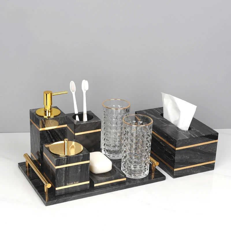 Tree Black Natural Marble Bathroom Set