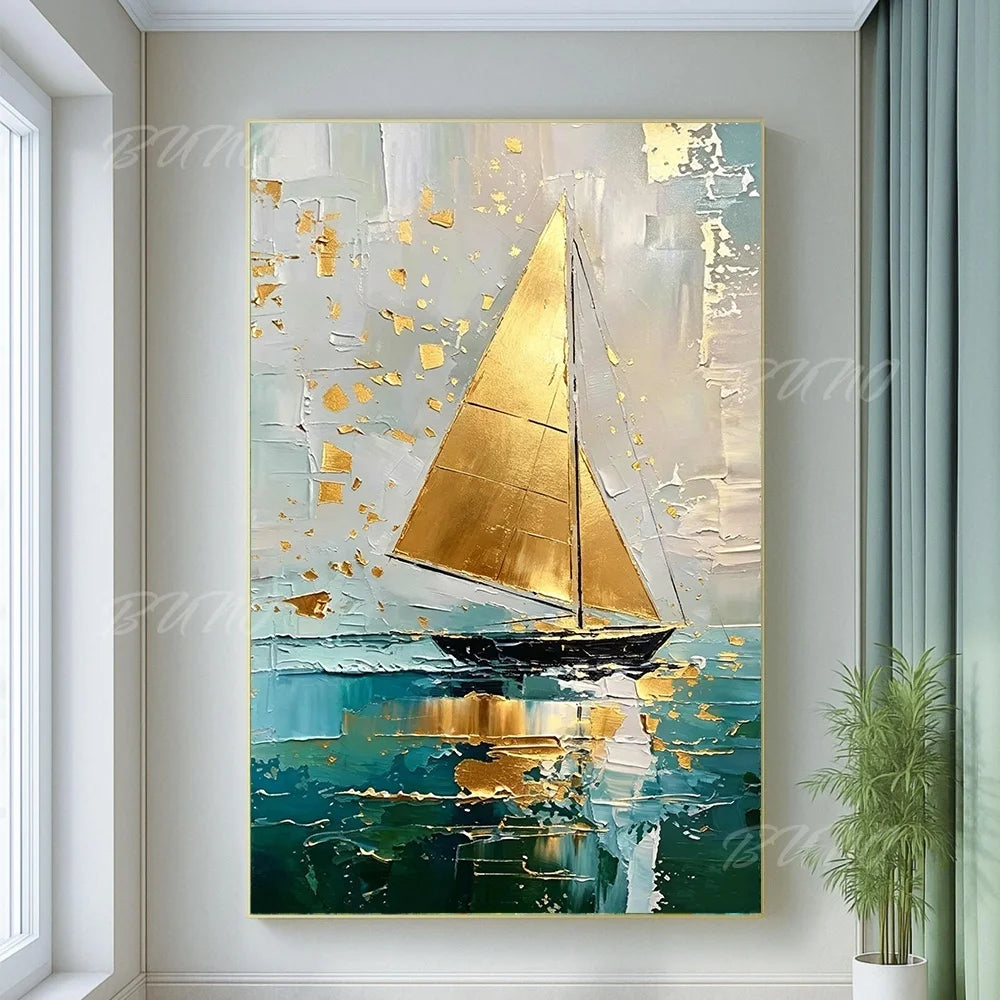 Gold Sailboat Ocean Painting