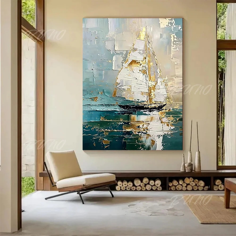 Gold Sailboat Ocean Painting