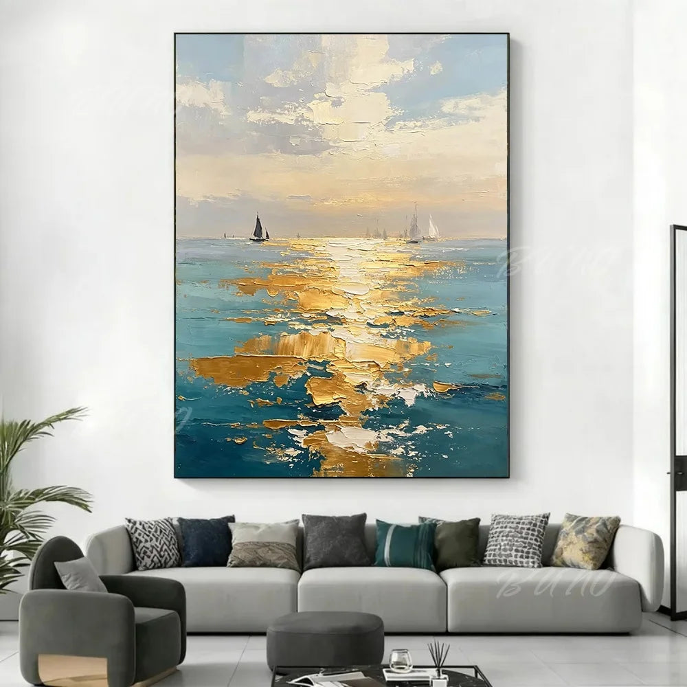 Gold Sailboat Ocean Painting