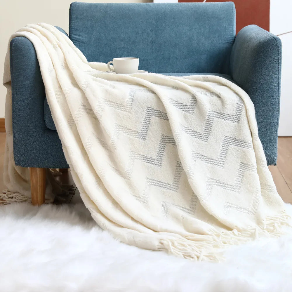 Cream Wave Knitted Blanket