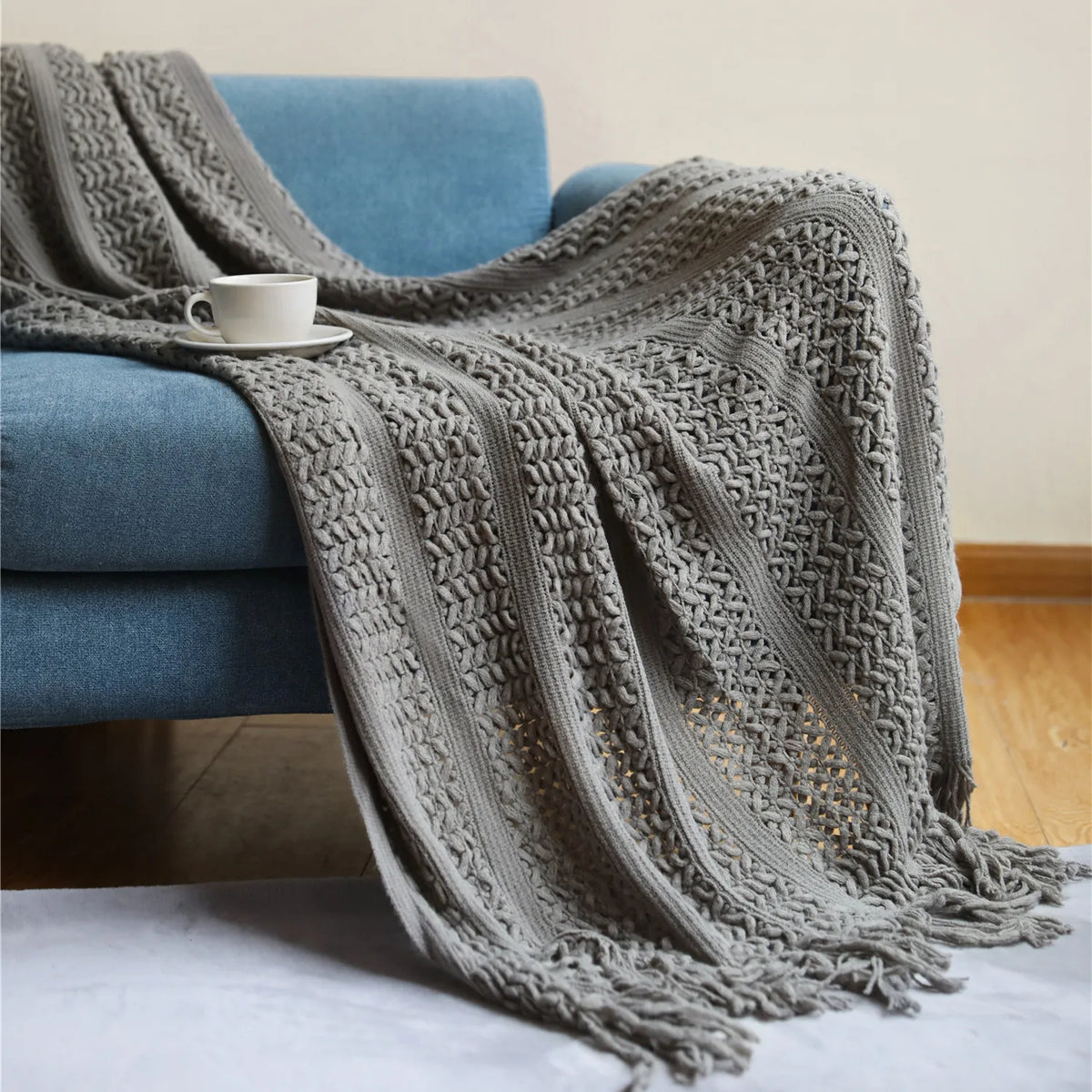 Khaki Grey Knitted Throw