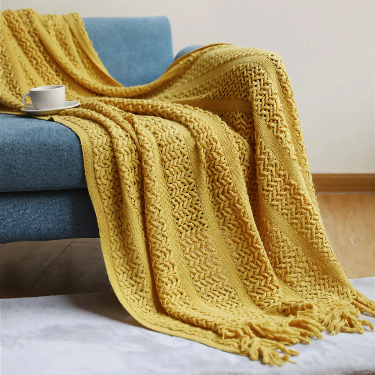 Pink Knitted Tassel Throw