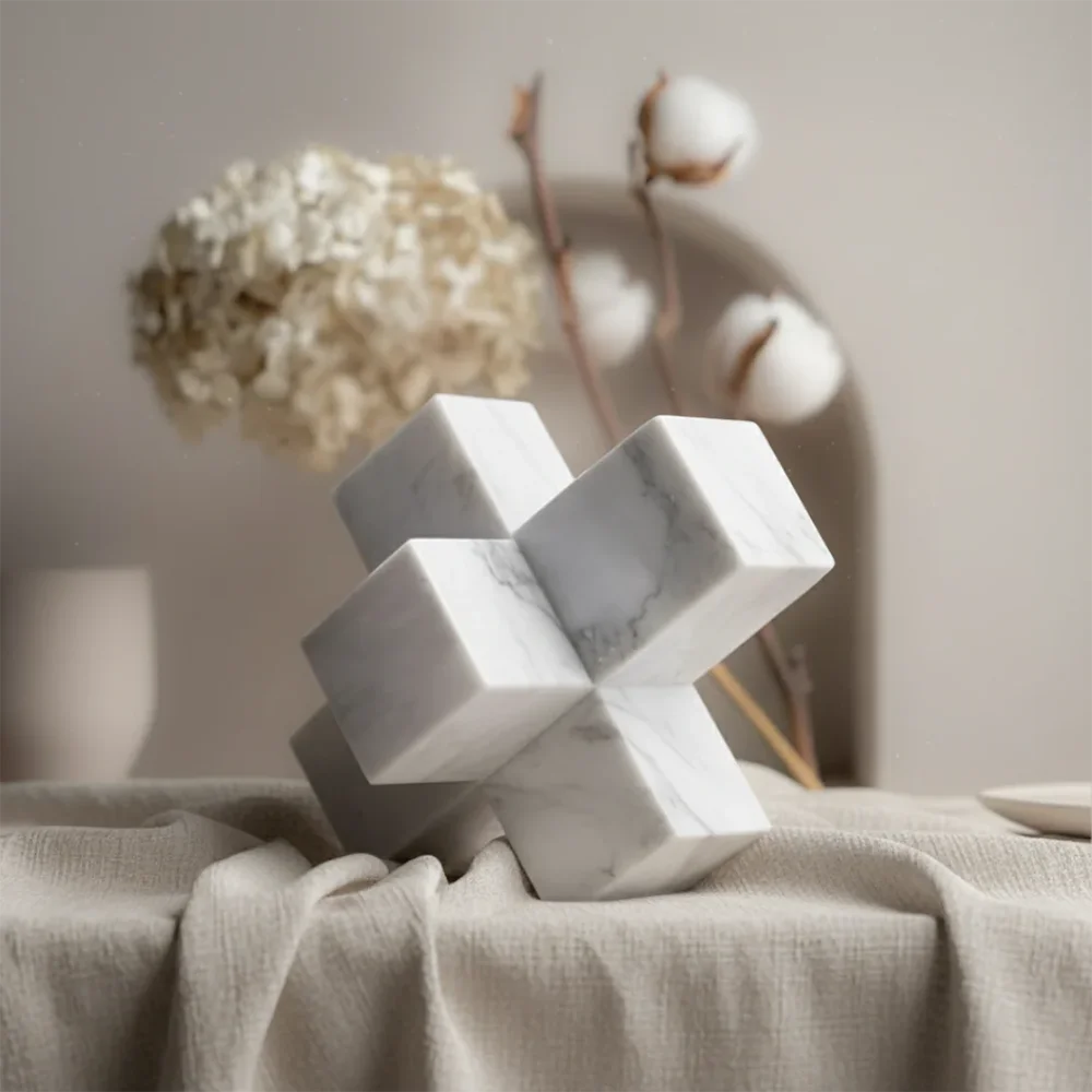 Handmade Sculpted Marble Cross Block Ornament
