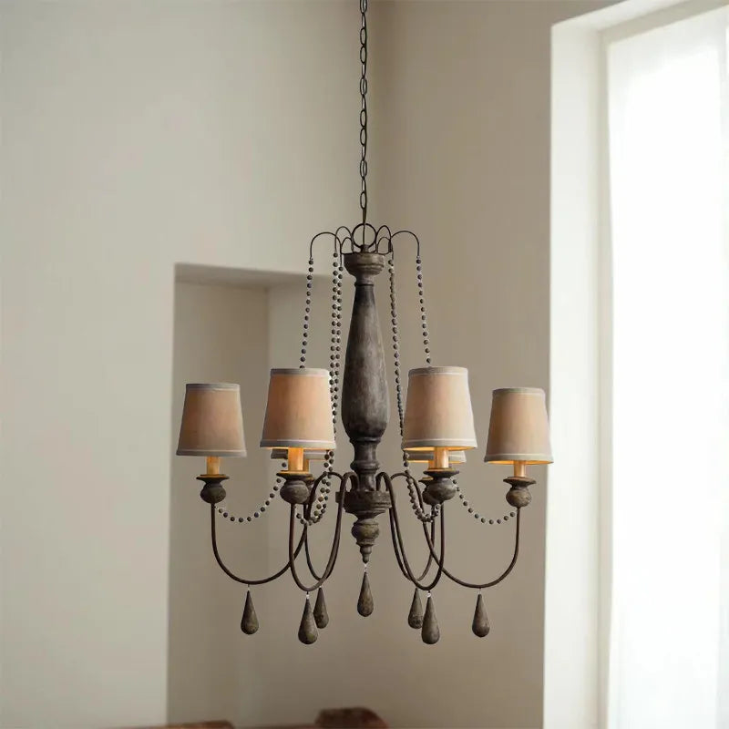 French Beaded Wood Chandelier