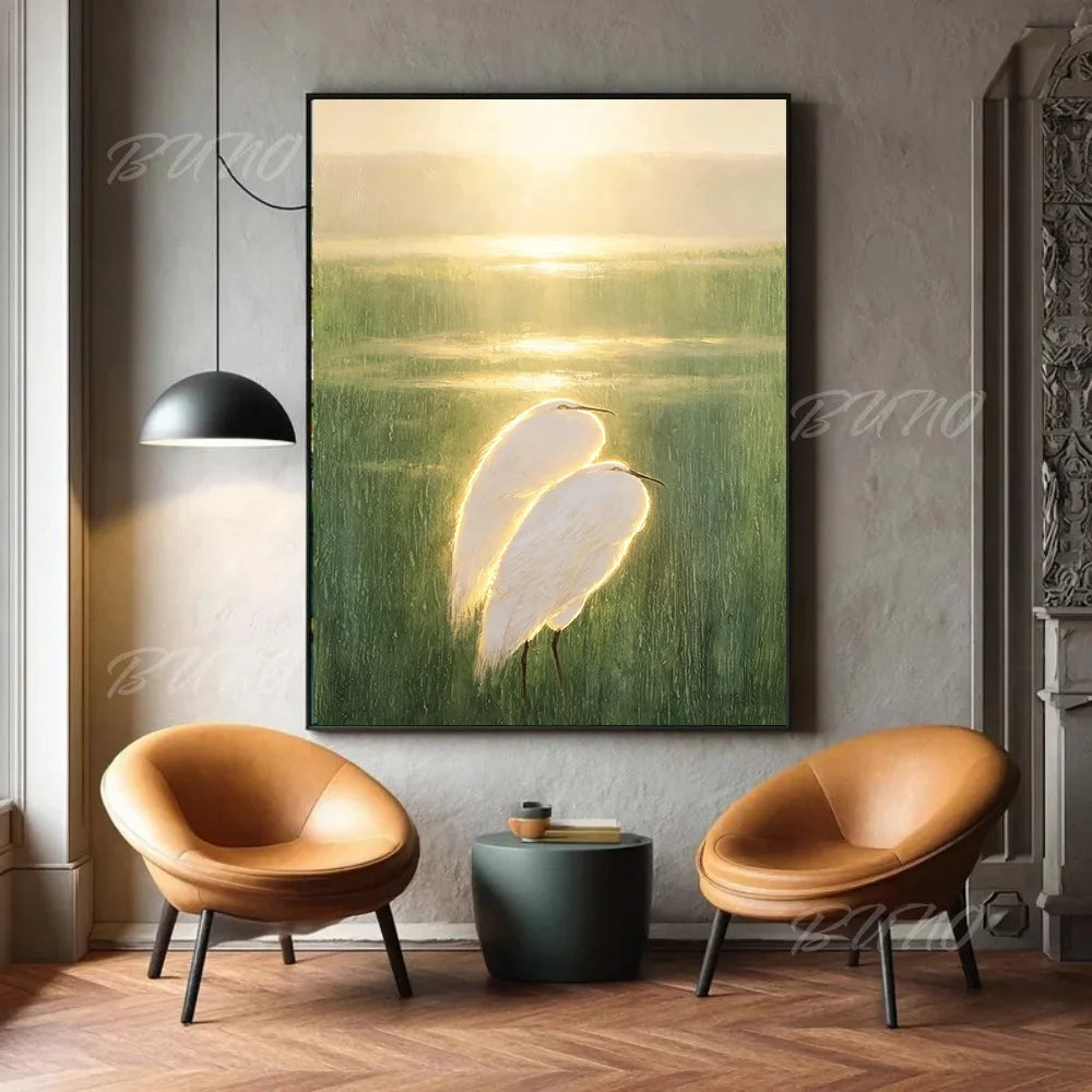 White Heron Wetland Painting