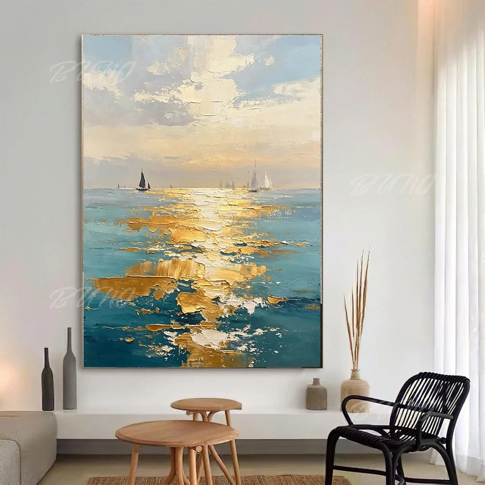 Gold Sailboat Ocean Painting
