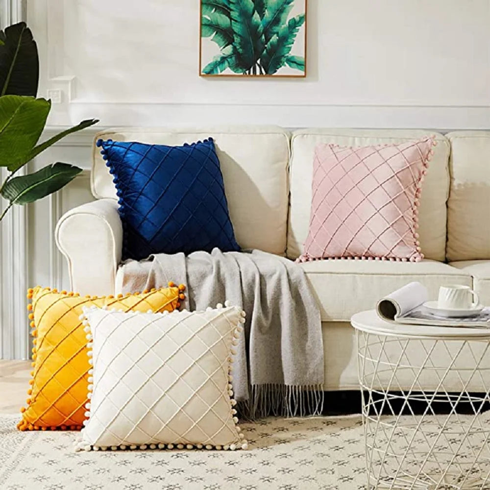 Cream Pompom Cushion Cover