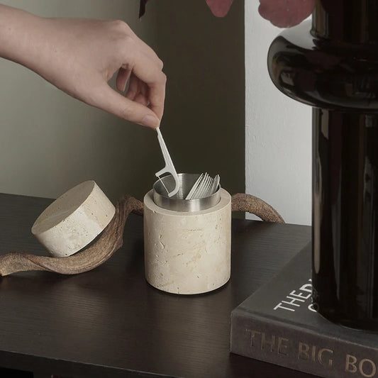 Vintage Travertine Qtip Holder Dispenser