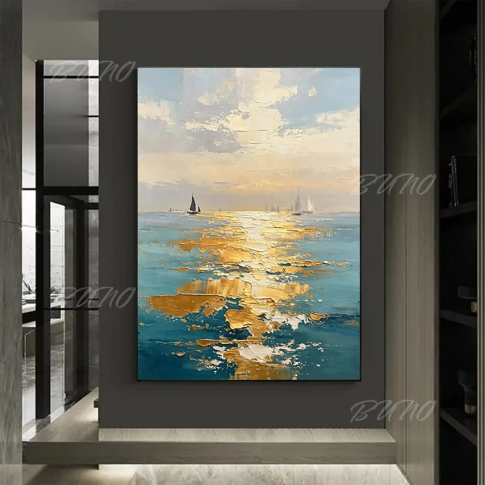 Gold Sailboat Ocean Painting