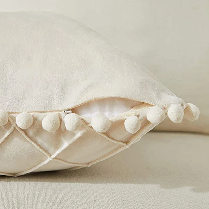 Cream Pompom Cushion Cover
